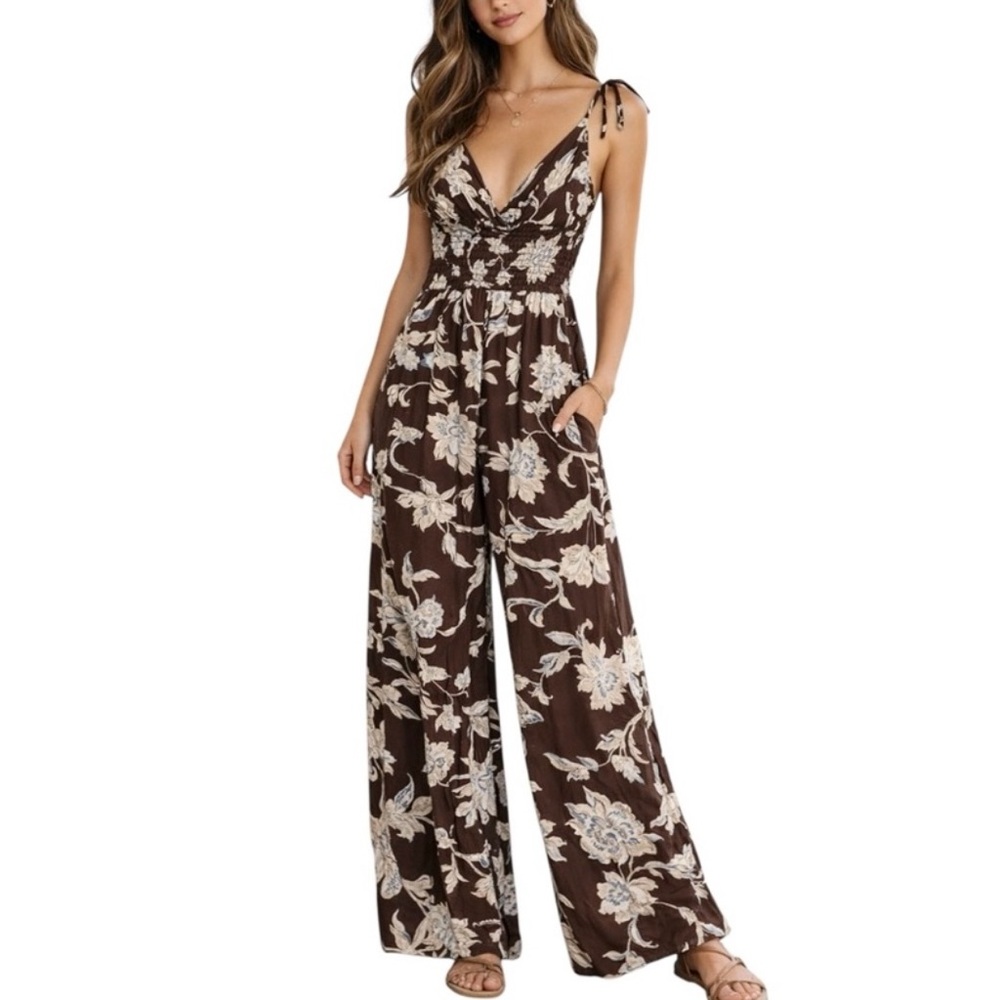 Patrons of Peace Boho Floral Sleeveless V-Neck Smocked Ruffle Wide Leg Jumpsuit